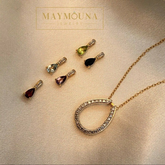 14k Yellow Gold 5 Gemstone Tear Drop Necklace - Picture 2 of 10